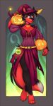  2018 belt black_fur black_hair canine dog female food fruit fur grey_eyes hair halloween hat holidays jack-o&#039;-lantern lockworkorange magic_user mammal multicolored_fur potion pumpkin red_fur simple_background smile witch witch_hat 