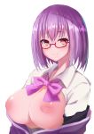  areolae ayumu_(ayumu3659) bangs blush bow bra breasts breasts_outside collared_shirt eyebrows_visible_through_hair highres inverted_nipples jacket large_breasts lavender_hair looking_at_viewer off_shoulder open_clothes open_shirt purple_bow purple_eyes purple_jacket red-framed_eyewear semi-rimless_eyewear shinjou_akane shirt short_hair simple_background smile solo ssss.gridman underwear upper_body white_background white_shirt 