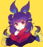  :/ absurdres animal_ears artist_name bat_ears closed_mouth commentary dragon_wings fake_animal_ears fire_emblem fire_emblem:_seima_no_kouseki fire_emblem_heroes fur_trim halloween_costume highres lazymimium long_sleeves mamkute multi-tied_hair myrrh purple_hair red_eyes simple_background solo twintails wings yellow_background 