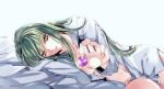  bed_sheet breasts c.c. code_geass collarbone dress_shirt eyebrows_visible_through_hair green_hair grey_shirt hair_between_eyes holding long_hair looking_at_viewer lying medium_breasts meimi_k midriff naked_shirt navel on_side open_clothes open_mouth open_shirt orange_eyes shirt simple_background solo stomach underboob very_long_hair white_background 