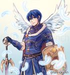  armor blue_eyes blue_hair cape falchion_(fire_emblem) fingerless_gloves fire_emblem fire_emblem:_monshou_no_nazo fire_emblem_heroes flamingo_(eme324) gloves headband highres looking_at_viewer male_focus marth short_hair smile source_request sword tiara weapon wings 