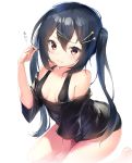  arms_between_legs barefoot black_hair blush breasts brown_eyes covered_nipples hair_between_eyes hair_ornament hairclip highres long_hair looking_at_viewer loose_clothes loose_shirt original rekareka revision shirt simple_background small_breasts solo twintails very_long_hair white_background 