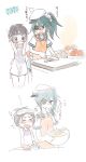  &gt;o&lt; apron aqua_eyes aqua_hair black_eyes black_hair blush bowl chopping closed_eyes commentary_request cooking crying crying_with_eyes_open cutting_board dress eyepatch frown goggles hat highres holding holding_bowl kantai_collection kiso_(kantai_collection) kitchen_knife knife maru-yu_(kantai_collection) multiple_girls nose_blush onion open_mouth orange_apron pleated_skirt sailor_hat shirt short_hair short_sleeves simple_background skirt sleeveless sleeveless_dress standing tears translation_request v-shaped_eyebrows white_background white_dress white_hat white_shirt white_skirt yutaka7 