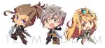  2boys adel_orudou armor blonde_hair boots breasts brown_hair chibi gloves highres hikari_(xenoblade_2) long_hair looking_at_viewer multiple_boys open_mouth pauldrons ponytail shirohunter short_hair simple_background smile sword weapon white_hair xenoblade_(series) xenoblade_2 xenoblade_2:_ogon_no_kuri_ira yellow_eyes 