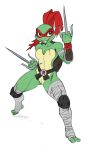  2013 anthro bandage belt breasts chochi crossgender female hi_res knee_pads melee_weapon non-mammal_breasts raphael_(tmnt) reptile sai_(weapon) scalie shell simple_background smile solo teenage_mutant_ninja_turtles turtle weapon white_background 