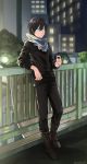  absurdres black_hair black_jacket black_pants blue_eyes dated full_body futabaaf hair_between_eyes highres jacket looking_at_viewer night noragami outdoors pants short_hair solo standing yato_(noragami) 