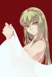  breasts c.c. cleavage code_geass eyebrows_visible_through_hair from_side green_hair hair_between_eyes holding long_hair looking_at_viewer medium_breasts meimi_k nude parted_lips red_background simple_background solo upper_body yellow_eyes 