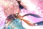  black_bow black_scarf blonde_hair blush bow cherry_blossoms fate_(series) from_side hair_between_eyes hair_bow haori highres japanese_clothes koha-ace okita_souji_(fate) okita_souji_(fate)_(all) ponytail scarf short_hair solo taiyaking upper_body yellow_eyes 
