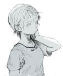  burari clothes_writing expressive_clothes greyscale looking_at_viewer monochrome original shirt short_hair short_sleeves simple_background solo upper_body white_background 