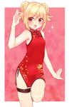  alternate_costume alternate_hairstyle blonde_hair china_dress chinese_clothes double_bun dress flat_chest floral_print hair_bun highres kantai_collection long_hair looking_at_viewer myao_(jumca_my) open_mouth red_background red_dress salute satsuki_(kantai_collection) smile solo standing standing_on_one_leg thigh_strap 