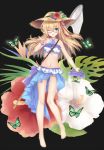  ;d arisa_(shadowverse) bangle barefoot bikini black_background blonde_hair blush bracelet breasts bug butterfly butterfly_net collarbone eyebrows_visible_through_hair flower glasses green_eyes halterneck hand_net hat head_tilt hibiscus highres holding insect insect_cage jewelry long_hair looking_at_viewer medium_breasts navel one_eye_closed open_mouth pointy_ears red-framed_eyewear rhinoceros_beetle sakurai_momoka_no_musuko semi-rimless_eyewear shadowverse smile solo straw_hat swimsuit under-rim_eyewear 