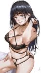  bad_id bad_twitter_id black_hair breasts brown_eyes cleavage collarbone commentary eyebrows_visible_through_hair highres kamiyama_aya large_breasts licking_lips lingerie long_hair original shiny shiny_hair signature simple_background smile solo tongue tongue_out underwear 