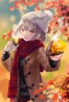  :d autumn autumn_leaves bangs beanie blurry blurry_background blush coat commentary_request cowboy_shot eyebrows_visible_through_hair fang food giving grey_hair hat highres holding holding_food long_sleeves looking_at_viewer open_mouth orange_eyes original outstretched_arm plaid plaid_scarf pom_pom_(clothes) scarf short_hair smile solo standing steam sweater sweet_potato yakiimo yumeichigo_alice 