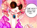  bow coat commentary dot_nose drill_hair earrings english fang hair_bow jewelry meme multiple_rings orange_hair ring solo sunglasses thepiratedoge touhou yorigami_jo'on 