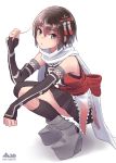  alternate_hairstyle artist_name asymmetrical_legwear bangs boots breasts brown_eyes brown_hair commentary_request elbow_gloves fingerless_gloves gloves hair_between_eyes hair_ornament holding holding_hair kantai_collection knee_boots morigami_(morigami_no_yashiro) neckerchief remodel_(kantai_collection) scarf school_uniform sendai_(kantai_collection) serafuku shirt short_hair sidelocks simple_background sleeveless sleeveless_shirt small_breasts solo squatting white_background white_scarf 