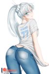  1girl alfred_cullado ass blue_eyes blush butt_crack casual clothes_writing denim embarrassed from_behind highres jeans long_hair looking_at_viewer looking_back open_mouth pants parted_lips ponytail rwby scar scar_across_eye shiny shiny_hair shiny_skin shirt shirt_tug short_sleeves side_ponytail simple_background solo standing t-shirt weiss_schnee whale_tail white_background white_shirt 