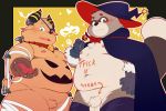  2018 anthro balls belly blush canine duo english_text flaccid halloween hat holidays humanoid_hands male mammal moobs navel nipples overweight overweight_male penis quanjiang tanuki text 犬酱 