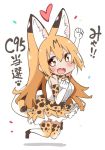  animal_ears blonde_hair breasts chibi comiket commentary_request hayashi_(l8poushou) heart jumping kemono_friends large_breasts serval_(kemono_friends) smile solo tail thighhighs translation_request zettai_ryouiki 