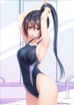  armpits arms_up asami_asami bangs bare_arms black_hair black_swimsuit blush breasts collarbone commentary_request competition_swimsuit cowboy_shot hair_between_eyes hair_tie high_ponytail highleg highleg_swimsuit highres long_hair looking_at_viewer medium_breasts mouth_hold one-piece_swimsuit original polka_dot polka_dot_background pool_ladder poolside red_eyes sideboob sidelocks skindentation solo swimsuit twitter_username tying_hair very_long_hair 