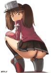  ass bangs black_legwear black_panties black_skirt brown_eyes brown_hair closed_mouth commentary_request eyebrows_visible_through_hair from_behind full_body hand_on_own_knee hotaryuso japanese_clothes kantai_collection kariginu kneehighs long_hair long_sleeves looking_at_viewer looking_back miniskirt panties pantyshot pantyshot_(squatting) platform_footwear pleated_skirt ribbon ryuujou_(kantai_collection) simple_background skirt solo squatting twintails underwear upskirt very_long_hair visor_cap white_background white_ribbon wide-eyed 