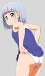  anime_coloring ass bangs bare_shoulders blue_dress capitan_(tsyoujo) closed_mouth dress dress_lift eyebrows_visible_through_hair from_behind green_eyes grey_background highres legs_together original panties shiny shiny_skin short_hair sidelocks silver_hair simple_background sleeveless sleeveless_dress solo standing underwear white_panties 