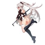  9a-91 9a-91_(girls_frontline) apron ass belt_boots black_footwear blue_eyes blush boots bow cross-laced_footwear fangdan_runiu from_behind full_body garter_belt girls_frontline grey_hair gun hair_between_eyes hair_bow hair_ornament hairclip knee_boots lace-up_boots long_hair looking_back maid_headdress official_art ponytail skirt skirt_lift solo thighhighs torn_clothes transparent_background waist_apron weapon white_legwear 