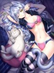  animal_ears arm_behind_head bed_sheet bra breasts candy cat cat_ears cat_tail cleavage food from_above gigamessy heart_ring_top long_hair lying medium_breasts navel on_back one_eye_closed original panties pillow pink_bra pink_panties silver_hair slit_pupils solo striped striped_legwear tail thighhighs underboob underwear very_long_hair wristband yellow_eyes 