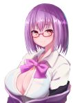  ayumu_(ayumu3659) bangs blush bow bra breasts button_gap collared_shirt eyebrows_visible_through_hair highres jacket large_breasts lavender_hair looking_at_viewer off_shoulder purple_bow purple_eyes purple_jacket red-framed_eyewear see-through semi-rimless_eyewear shinjou_akane shirt short_hair simple_background smile solo ssss.gridman underwear upper_body wet wet_clothes wet_shirt white_background white_shirt 