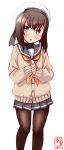  artist_logo black_legwear brown_cardigan brown_eyes brown_hair cardigan chestnut_mouth commentary_request dated eyebrows_visible_through_hair feet_out_of_frame grey_sailor_collar grey_skirt hands_clasped hat highres kanon_(kurogane_knights) kantai_collection looking_at_viewer own_hands_together pantyhose pleated_skirt sailor_collar sailor_hat school_uniform serafuku short_hair simple_background skirt sleeves_past_wrists solo standing taihou_(kantai_collection) white_background white_hat 