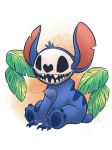  2018 3:4 4_toes alien back_markings blue_claws blue_fur blue_pawpads chest_tuft claws digital_media_(artwork) disney experiment_(species) fur head_tuft jiinnxd lilo_and_stitch markings notched_ear palm_frond pawpads simple_background sitting skull small_tail solo stitch toes tuft watermark 
