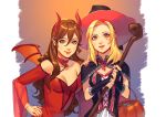  blonde_hair broom brown_hair cape demon_girl demon_horns demon_tail demon_wings dress gloves halloween halloween_costume hat horns jewelry long_hair looking_at_viewer mella multiple_girls necklace octopath_traveler ophilia_(octopath_traveler) primrose_azelhart pumpkin simple_background smile staff tail wings witch witch_hat 