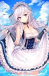  absurdres apron arm_guards azur_lane bangs belfast_(azur_lane) bird blue_eyes blue_sky blush braid breasts chain cleavage closed_mouth cloud collar collarbone corset day dress dress_lift eyebrows_visible_through_hair french_braid frilled_gloves frills gloves head_tilt highres large_breasts lifted_by_self long_hair looking_at_viewer maid maid_headdress outdoors sidelocks silver_hair sky smile solo tokkyu_(user_mwwe3558) wading water_drop wet white_gloves 
