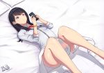  1girl :&lt; artist_name band-width bangs bare_legs between_legs black_hair blue_eyes blush bow bowtie cardigan cellphone clenched_teeth closed_mouth highres holding holding_phone knees_up leg_lock long_hair long_sleeves lying on_back on_bed orange_scrunchie phone pillow red_neckwear scrunchie shadow signature smartphone solo_focus ssss.gridman takarada_rikka teeth thighs white_cardigan wrist_scrunchie 