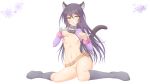  animal_ears artist_name bangs belt black_legwear bracelet breasts chestnut_mouth collar commentary_request floral_background full_body green_eyes highres isekai_maou_to_shoukan_shoujo_dorei_majutsu jewelry long_hair looking_at_viewer navel nipples no_bra no_panties paw_pose purple_hair rem_galeu shrug_(clothing) sitting small_breasts solo spiked_bracelet spikes tail teya_(oppai_guild_boshuuchuu) thighhighs wariza white_background 