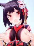  :o animal_ear_fluff animal_ears azur_lane bangs bell black_hair black_kimono blunt_bangs blush bow breast_hold breasts breasts_outside cat_ears cat_mask commentary_request covered_nipples endou-jun eyebrows_visible_through_hair fang hair_bow hair_ornament highres japanese_clothes jingle_bell kimono looking_at_viewer looking_down mask mask_on_head obi red_eyes rope sash shimenawa sideboob solo wide_sleeves yamashiro_(azur_lane) 