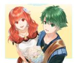  1girl :d alm_(fire_emblem) bouquet celica_(fire_emblem) collarbone copyright_name daisy earrings fire_emblem fire_emblem_echoes:_mou_hitori_no_eiyuuou flower from_above futabaaf green_eyes green_hair hair_between_eyes highres holding holding_bouquet jewelry looking_at_viewer necklace open_mouth orange_eyes orange_hair sleeve smile upper_body white_flower 