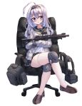  absurdres ahoge aimpoint ar-15 bangs black_gloves black_hairband black_sailor_collar black_skirt blush brown_footwear chair commentary_request crossed_legs eyebrows_visible_through_hair full_body gloves grey_eyes grey_jacket gun hair_between_eyes hair_intakes hairband head_tilt highres holding holding_gun holding_weapon jacket korean_commentary loafers long_hair long_sleeves magpul office_chair on_chair open_clothes open_jacket original parted_lips pleated_skirt rifle sailor_collar shirt shoes silver_hair simple_background sitting skirt solo tandohark thighhighs weapon white_background white_legwear white_shirt yellow_neckwear 
