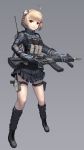  :o absurdres assault_rifle bangs blonde_hair eyebrows_visible_through_hair full_body gloves gradient gradient_background grey_background gun hair_ornament heckler_&amp;_koch highres hk416 holding holding_gun holding_weapon holster leg_warmers looking_at_viewer original pleated_skirt qbase red_eyes revision rifle short_hair skirt solo standing thigh_holster thigh_strap uniform weapon 