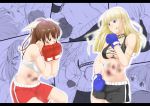  blonde_hair blood blue_eyes bow boxing boxing_gloves boxing_shorts brown_hair bruise commentary_request face_punch hair_bow in_the_face injury long_hair multiple_girls niwatazumi original punching ryona short_hair shorts sweat 