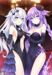  absurdres aqua_eyes bare_shoulders black_heart blue_eyes braid breasts cocktail cocktail_glass cup d-pad dress drinking_glass elbow_gloves gloves hair_ornament highres hug jewelry long_hair looking_at_viewer medium_breasts multiple_girls navel neptune_(series) official_art power_symbol purple_hair purple_heart revealing_clothes smile symbol-shaped_pupils tsunako twin_braids very_long_hair waist_hug white_hair 