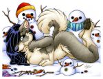  2018 anthro black_hair blue_eyes branch breast_squish breasts button_(fastener) canine carrot dog female food fur grey_fur hair hat husky mammal michele_light nude outside pawpads scarf side_boob snow snowman solo vegetable white_fur 