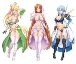  3girls armor armpits ass_visible_through_thighs asuna_(sao) asuna_(stacia) bikini bikini_armor blonde_hair blue_armor blue_eyes blue_hair boots braid breasts brown_eyes brown_hair cleavage collarbone french_braid gloves green_eyes half_gloves highleg highleg_bikini highres hip_armor huge_breasts kawase_seiki large_breasts leafa leafa_(terraria) long_hair looking_at_viewer multiple_girls navel open_mouth ribbon short_hair_with_long_locks single_shoulder_pad sinon sinon_(solus) smile stomach swimsuit sword_art_online sword_art_online:_alicization sword_art_online:_alicization_-_war_of_underworld thigh_boots thigh_gap thighhighs thighs very_long_hair white_armor white_background white_gloves white_ribbon white_thighhighs 