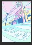  black_border border building cloud cloudy_sky commentary_request day highres jacktaro no_humans original outdoors pastel_colors power_lines road scenery sky utility_pole 