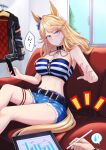  1girl absurdres animal_ears bandeau bare_arms bare_shoulders black_choker black_jacket blonde_hair blue_eyes breasts cellphone chain choker cleavage commentary_request cutoffs denim denim_shorts feet_out_of_frame gold_city_(umamusume) head_tilt highres holding holding_phone holding_stylus horse_ears indoors jacket large_breasts long_hair looking_at_viewer midriff navel phone same_kujira_(challenger_310) short_shorts shorts sitting smartphone solo_focus speech_bubble spoken_sweatdrop stomach strapless striped_bandeau stylus sweatdrop tablet_pc tail thigh_strap thighs translated tube_top umamusume unworn_jacket window 