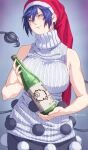  1girl absurdres adapted_costume blue_eyes bottle closed_mouth commentary doremy_sweet english_commentary grey_background hat highres holding holding_bottle looking_at_viewer nightcap pom_pom_(clothes) red_headwear sleeveless sweater tail tapir_tail touhou ultragruntyy white_sweater 