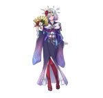  1girl absurdres crystal fire_emblem fire_emblem_heroes flower full_body green_eyes grey_hair hair_flower hair_ornament hand_fan highres holding holding_fan japanese_clothes kimono kvasir_(fire_emblem) kvasir_(unknown_future)_(fire_emblem) looking_at_viewer ne-on official_alternate_costume official_art paper_fan short_hair solo thighhighs white_background 