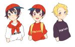  3boys backpack bag black_shirt blonde_hair blush closed_mouth clothes_writing copyright_name cropped_torso lucas_(mother_3) male_focus mother_(game) mother_1 mother_2 mother_3 multiple_boys neckerchief ness_(mother_2) ninten open_mouth purple_eyes red_headwear red_neckerchief red_shirt shifumame shirt short_hair sideways_hat smile t-shirt teeth upper_teeth_only white_background white_shirt 