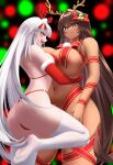  2girls absurdres antlers ass back bikini black_hair blanc_(nikke) bow bowtie breasts christmas commentary dai_sao dark-skinned_female dark_skin elbow_gloves fake_antlers feet frown fur-trimmed_gloves fur_trim gloves goddess_of_victory:_nikke hair_bow half-closed_eyes highleg highleg_bikini highres holly hug huge_breasts leg_up long_hair looking_at_viewer looking_back medium_hair multiple_girls naked_ribbon navel no_shoes noir_(nikke) o-ring o-ring_bikini open_mouth red_bow red_bowtie red_gloves red_ribbon reindeer_antlers ribbon smirk soles standing standing_on_one_leg swimsuit thighhighs thong_bikini toes very_long_hair white_thighhighs yellow_eyes 