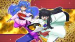  1boy 1girl black_hair blue_hair chinese_clothes highres holding holding_sword holding_weapon long_hair mousse_(ranma_1/2) open_mouth ranma_1/2 shampoo_(ranma_1/2) sword teeth wanta_(futoshi) weapon 