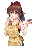  1girl :p apron bare_shoulders blue_eyes blush bow breasts brown_hair collarbone commentary_request fingernails food food_on_hand hair_between_eyes hair_bow hair_ribbon highres holding idolmaster idolmaster_million_live! idolmaster_million_live!_theater_days kamille_(vcx68) licking licking_finger long_hair looking_at_viewer medium_breasts plate ponytail print_apron red_shirt ribbon satake_minako shirt sidelocks simple_background sleeveless sleeveless_shirt solo standing tasting tasting_plate tongue tongue_out upper_body white_background yellow_apron 